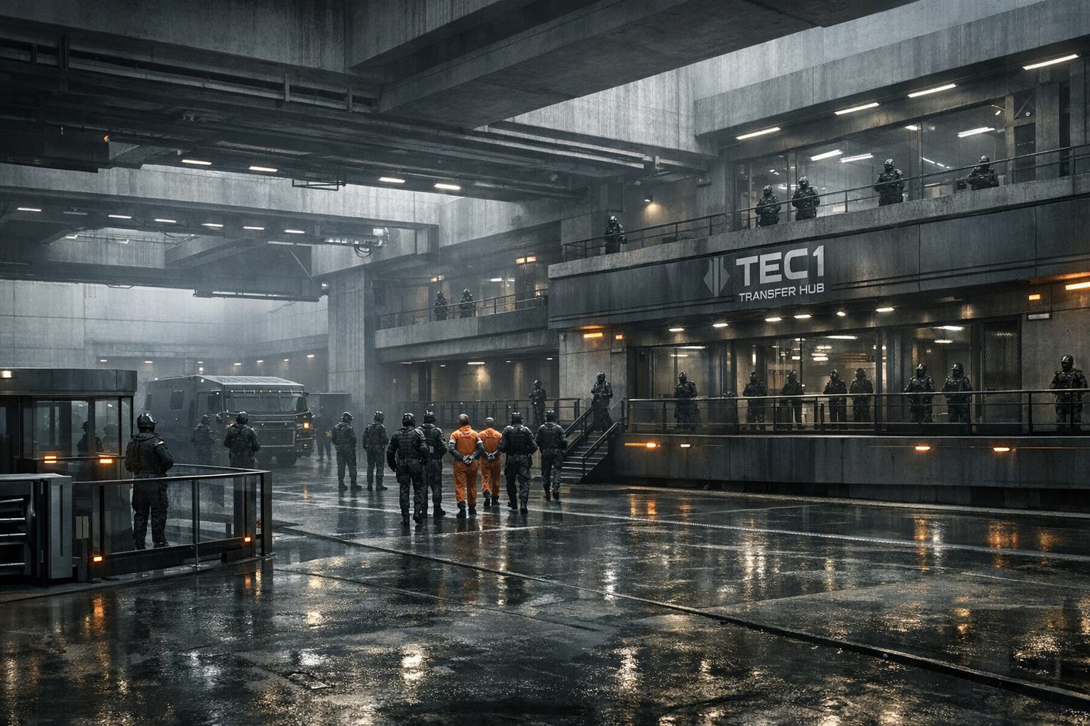 Centre de transfert TEC1 sous pluie froide, sécurisé et brutaliste.