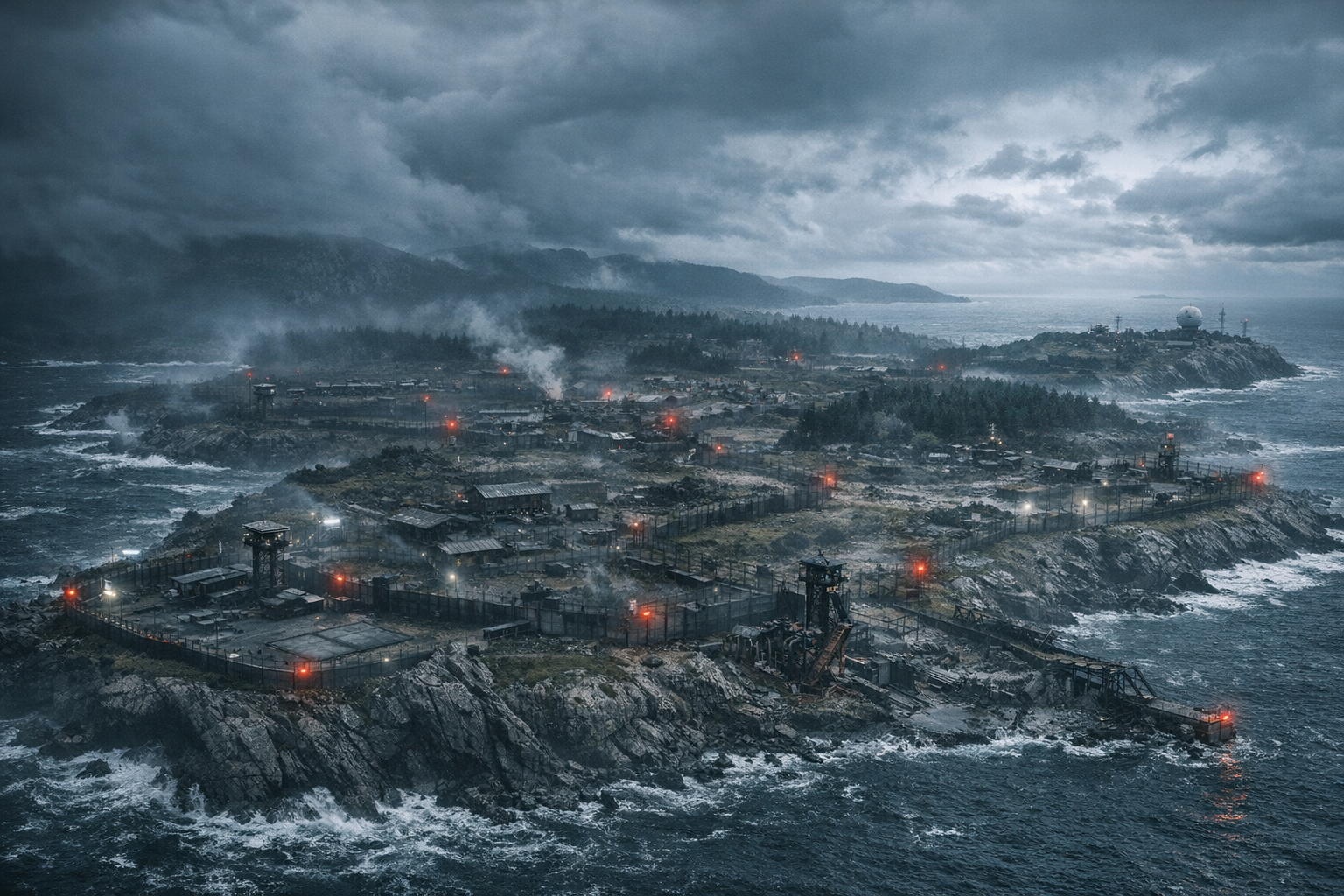 Vue aérienne hostile de l'île du programme SCUM.