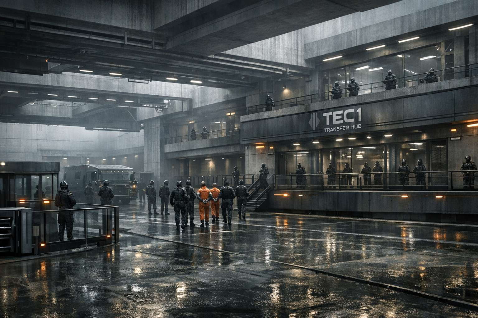 Centre de transfert TEC1 sous pluie froide, sécurisé et brutaliste.